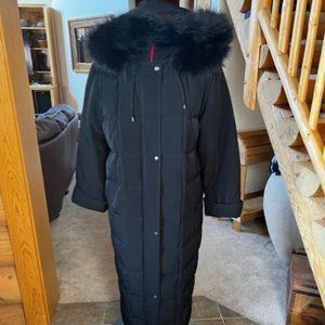 Anne Klein Women's LARGE Black Long Parka Coat Down Puffer Fox Fur Hood Quilted
